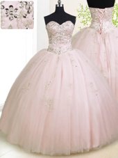 Best Selling Baby Pink 15 Quinceanera Dress Military Ball and Sweet 16 and Quinceanera and For with Beading and Appliques Sweetheart Sleeveless Lace Up