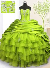 Affordable Olive Green Quinceanera Dress Military Ball and Sweet 16 and Quinceanera and For with Beading and Appliques and Ruffled Layers and Pick Ups Strapless Sleeveless Brush Train Lace Up