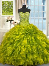 Custom Made Sweetheart Sleeveless Brush Train Lace Up Sweet 16 Quinceanera Dress Olive Green Organza