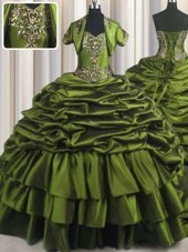 Custom Designed Ruffled Layers Quinceanera Gowns Olive Green Lace Up Short Sleeves With Brush Train