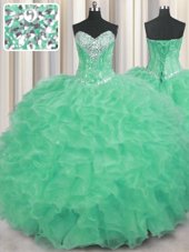 Apple Green Sleeveless Organza Lace Up Ball Gown Prom Dress for Military Ball and Sweet 16 and Quinceanera