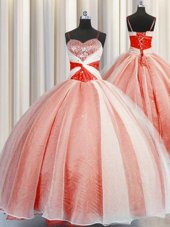 Romantic Orange Red Ball Gowns Spaghetti Straps Sleeveless Organza Floor Length Lace Up Beading and Sequins and Ruching Quince Ball Gowns