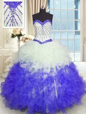 Exquisite Floor Length Blue And White 15 Quinceanera Dress Organza Sleeveless Beading and Ruffles
