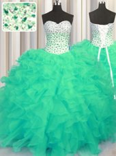 Exceptional Turquoise Lace Up Sweetheart Beading and Ruffles Sweet 16 Quinceanera Dress Organza Sleeveless