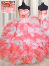 Pink And White Ball Gowns Beading and Ruffles and Hand Made Flower Quince Ball Gowns Lace Up Organza Sleeveless Floor Length
