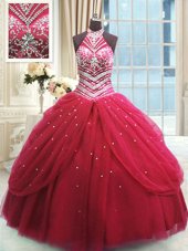 Floor Length Red Sweet 16 Dresses Tulle Sleeveless Beading