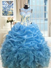 Scoop Sleeveless Sweet 16 Quinceanera Dress Floor Length Beading and Ruffles Baby Blue Organza