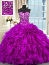 Exquisite Organza Sweetheart Sleeveless Brush Train Lace Up Beading and Ruffles Sweet 16 Dresses in Purple