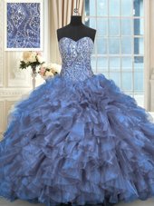 Chic Blue Organza Lace Up Sweetheart Sleeveless Quince Ball Gowns Brush Train Beading and Ruffles