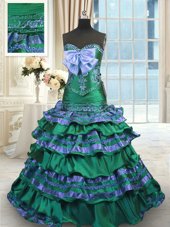 Appliques and Embroidery and Ruffled Layers and Bowknot Quince Ball Gowns Dark Green Lace Up Sleeveless Brush Train