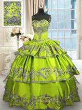 Stylish Sweetheart Sleeveless Sweet 16 Quinceanera Dress Floor Length Embroidery and Ruffled Layers Yellow Green Taffeta