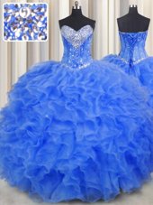 Sweet Royal Blue Sleeveless Floor Length Beading and Ruffles Lace Up 15 Quinceanera Dress