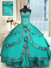 Fantastic Turquoise Ball Gowns Beading and Embroidery and Ruffled Layers Sweet 16 Quinceanera Dress Lace Up Taffeta Sleeveless Floor Length