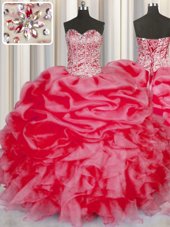 Stunning Sweetheart Sleeveless Sweet 16 Dress Floor Length Beading and Ruffles and Pick Ups Coral Red Organza