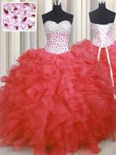Dramatic Watermelon Red Organza Lace Up Sweet 16 Quinceanera Dress Sleeveless Floor Length Beading and Ruffles
