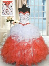 Sweetheart Sleeveless Lace Up 15th Birthday Dress White And Red Organza
