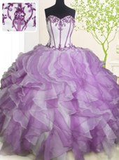 Sleeveless Organza Floor Length Lace Up Quinceanera Gowns in White And Purple for with Beading and Ruffles