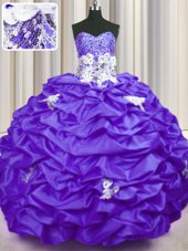 Designer Purple Sleeveless With Train Appliques and Sequins and Pick Ups Lace Up Quinceanera Gown