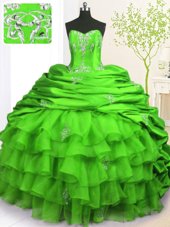 Glamorous Green Organza and Taffeta Lace Up Strapless Sleeveless With Train 15 Quinceanera Dress Brush Train Beading and Appliques and Ruffled Layers and Pick Ups