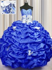 Sequins Pick Ups Royal Blue Sleeveless Taffeta Brush Train Lace Up Sweet 16 Quinceanera Dress for Military Ball and Sweet 16 and Quinceanera