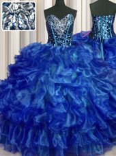 Hot Sale Sweetheart Sleeveless Sweet 16 Dresses Floor Length Beading and Ruffles Royal Blue Organza