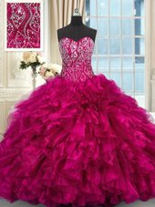 Fuchsia Sleeveless Organza Brush Train Lace Up Vestidos de Quinceanera for Military Ball and Sweet 16 and Quinceanera