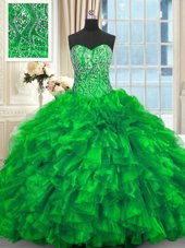 Captivating Green Ball Gown Prom Dress Organza Brush Train Sleeveless Beading and Ruffles