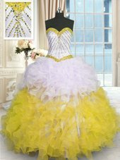 Eye-catching Floor Length Ball Gowns Sleeveless Yellow And White Quinceanera Dress Lace Up