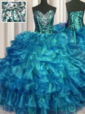 Teal Sleeveless Beading and Ruffles Floor Length 15 Quinceanera Dress