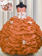 Orange Red Ball Gowns Sweetheart Sleeveless Taffeta With Brush Train Lace Up Appliques and Sequins and Pick Ups Quinceanera Gown
