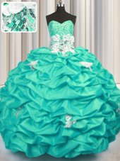 Super With Train Lace Up Quinceanera Dresses Turquoise and In for Military Ball and Sweet 16 and Quinceanera with Appliques and Sequins and Pick Ups Brush Train