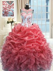 Scoop Watermelon Red Zipper Quinceanera Gowns Beading and Ruffles Sleeveless Floor Length