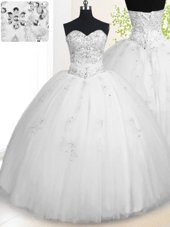 White Lace Up Quince Ball Gowns Beading and Appliques Sleeveless Floor Length