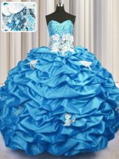 Graceful Aqua Blue Sleeveless With Train Appliques and Sequins and Pick Ups Lace Up Sweet 16 Dress