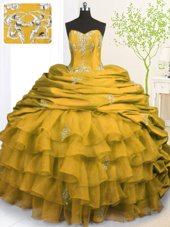 Ideal Gold Organza and Taffeta Lace Up Quinceanera Gowns Sleeveless With Brush Train Beading and Appliques and Ruffled Layers and Pick Ups