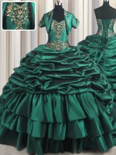 Peacock Green Ball Gowns Taffeta Sweetheart Sleeveless Beading and Appliques and Pick Ups With Train Lace Up Sweet 16 Quinceanera Dress Brush Train