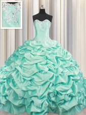 Best Brush Train Sleeveless Floor Length Beading and Pick Ups Lace Up Sweet 16 Dresses with Apple Green