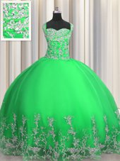 Clearance Apple Green Lace Up Straps Beading and Appliques Quinceanera Dress Tulle Sleeveless
