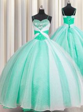 Spaghetti Straps Apple Green Lace Up Sweet 16 Dress Beading and Ruching Sleeveless Floor Length