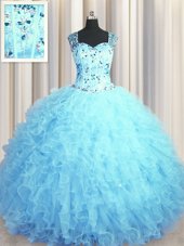 See Through Zipper Up Baby Blue Sleeveless Tulle Zipper 15 Quinceanera Dress for Military Ball and Sweet 16 and Quinceanera