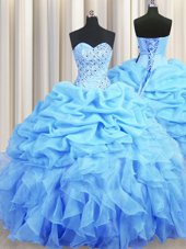 Sumptuous Sweetheart Sleeveless Quinceanera Dress Floor Length Beading and Ruffles and Pick Ups Baby Blue Organza