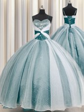 Extravagant Spaghetti Straps Floor Length Teal Ball Gown Prom Dress Organza Half Sleeves Beading and Ruching