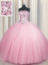 Fashionable Big Puffy Pink Strapless Lace Up Sequins Quinceanera Dresses Sleeveless