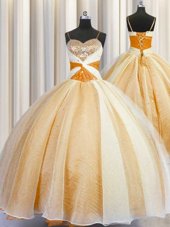 Spaghetti Straps Sleeveless Organza Quinceanera Gowns Beading and Ruching Lace Up
