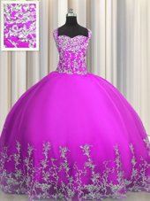 Fabulous Purple Straps Neckline Beading and Appliques Quince Ball Gowns Sleeveless Lace Up