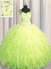 See Through Zipper Up Sleeveless Floor Length Beading and Ruffles Zipper Sweet 16 Dresses with Yellow Green