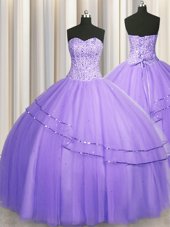 Fancy Visible Boning Big Puffy Sleeveless Tulle Floor Length Lace Up Quince Ball Gowns in Lavender for with Beading