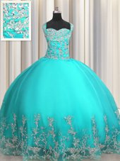 Sweet Sweetheart Sleeveless Quinceanera Dress Floor Length Beading and Appliques Aqua Blue Organza