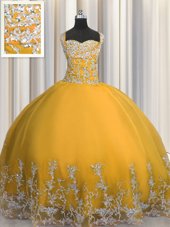 Colorful Gold Tulle Lace Up Sweet 16 Dress Sleeveless Floor Length Beading and Appliques