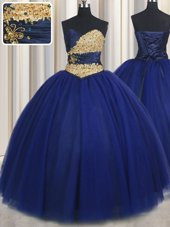Cute Sleeveless Tulle Floor Length Lace Up Sweet 16 Quinceanera Dress in Navy Blue for with Beading and Appliques